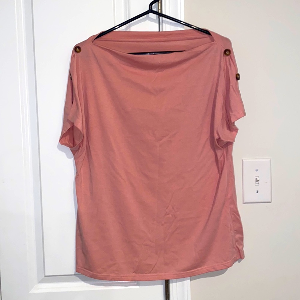 Beautiful, soft pink with calico button accents off the shoulder shirt.